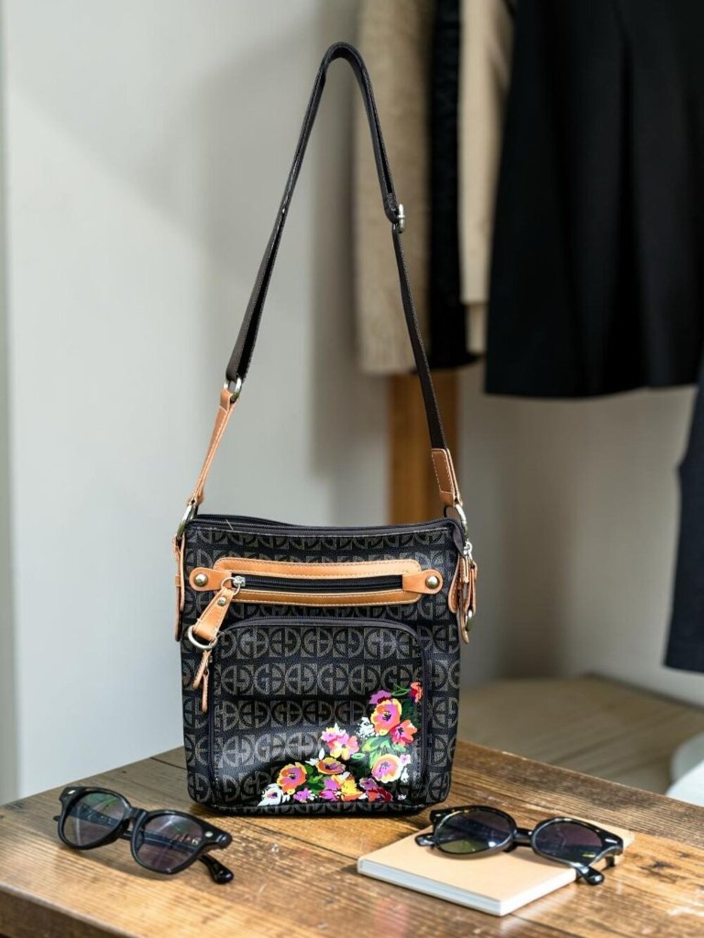 Women's Crossbody Bag with Floral Detail and Monogram Pattern